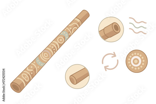 Didgeridoo Vector Icons. Isometric vector illustration set Didgeridoo Instrument: long wooden tube with carved patterns,