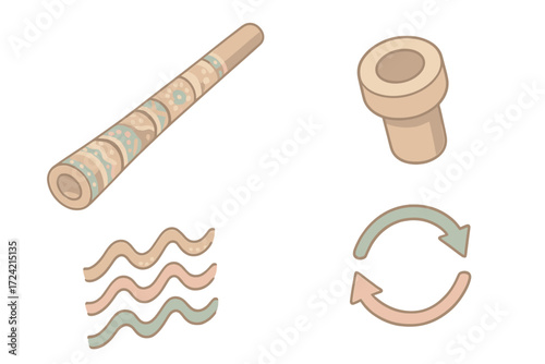 Didgeridoo Vector Icons. Isometric vector illustration set Didgeridoo Instrument: long wooden tube with carved patterns,