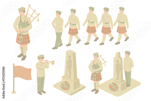Ceremonial Marching Band. Isometric vector illustration set Military Bagpipes: piper in uniform, marching line formation, war