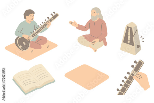 Sitar Learning Session. Isometric vector illustration set Learning Sitar: student seated with sitar, teacher guiding gesture, open
