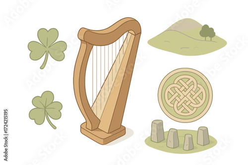 Celtic Harp Icons. Isometric vector illustration set Celtic Harp Tradition: small wooden harp, clover decoration, Celtic knot