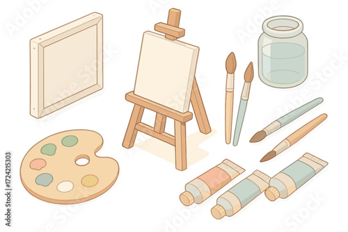 Artist Tools Icons. Isometric vector illustration set Artist canvas tools: stretched canvas frame, easel stand, paintbrushes,