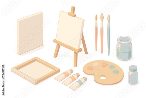 Artist Tools Icons. Isometric vector illustration set Artist canvas tools: stretched canvas frame, easel stand, paintbrushes,