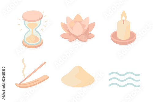Meditation Icon Set. Isometric vector illustration set Meditation and patience: glowing hourglass, lotus flower, candle, incense