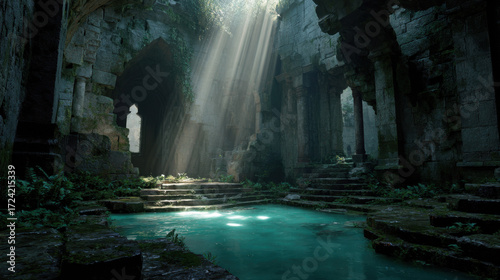 Ancient temple ruins illuminated by cascading sunlight with moss-covered stones and a serene turquoise pool surrounded by lush greenery and vibrant ferns.