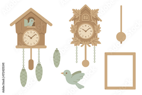 Cuckoo Clocks Collection. Isometric vector illustration set Traditional cuckoo clocks: chalet style clock, ornate carved clock,