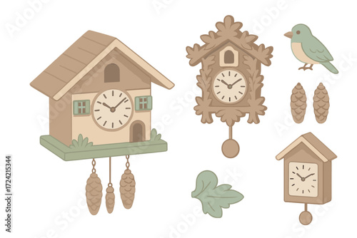 Cuckoo Clocks Collection. Isometric vector illustration set Traditional cuckoo clocks: chalet style clock, ornate carved clock,
