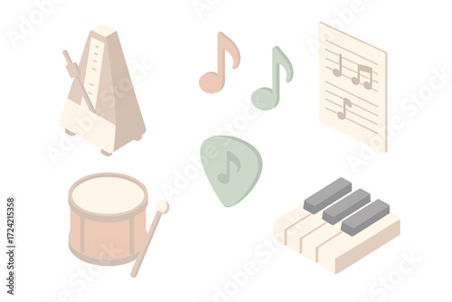 Musical Icon Set. Isometric vector illustration set Musical rhythm: pendulum metronome, musical notes, sheet music, drum beat,