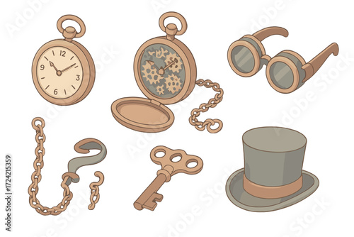 Steampunk Pocket Watches. Isometric vector illustration set Steampunk pocket watches: bronze watch, exposed gears, ornate fob