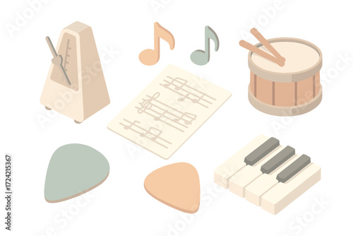 Musical Icon Set. Isometric vector illustration set Musical rhythm: pendulum metronome, musical notes, sheet music, drum beat,