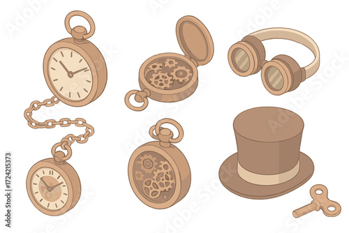 Steampunk Pocket Watches. Isometric vector illustration set Steampunk pocket watches: bronze watch, exposed gears, ornate fob