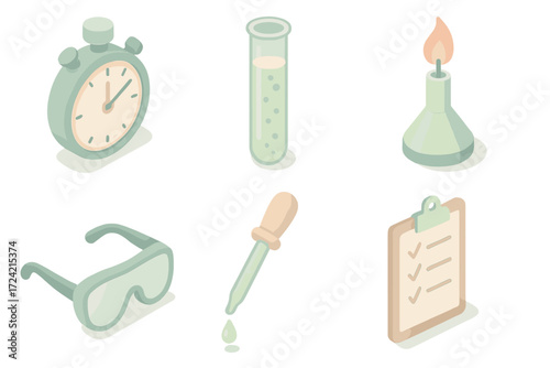 Laboratory Tools Icons. Isometric vector illustration set Laboratory experiments: stopwatch, test tube, Bunsen burner, safety