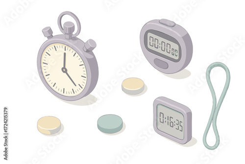 Classic Stopwatches Icons. Isometric vector illustration set Classic stopwatches: analog stopwatch, digital stopwatch, start