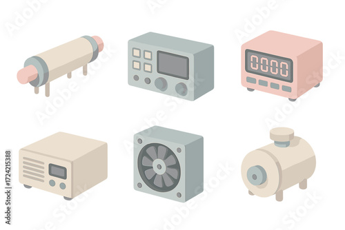 Atomic Clock Laboratory. Isometric vector illustration set Atomic clock laboratory: cesium beam tube, control panel, digital