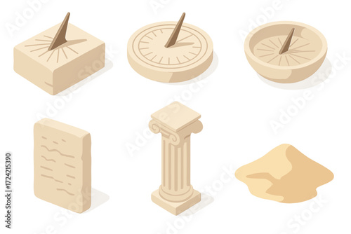 Ancient Sundials and Tools. Isometric vector illustration set Ancient civilizations time tools: Egyptian sundial, Roman sundial,