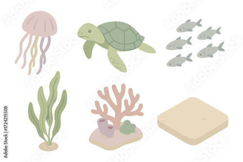 Ocean Ecosystem Icons. Isometric vector illustration set Ocean ecosystem: jellyfish, sea turtle, small fish school, kelp strand,