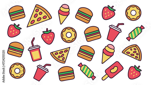 Vibrant cartoon doodle food icons bundle enjoyable hand-drawn fast food treats assortment