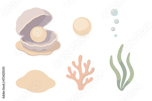 Glowing Pearl Treasure. Isometric vector illustration set Clam shell treasure: open clam, glowing pearl, sandy seabed, bubble
