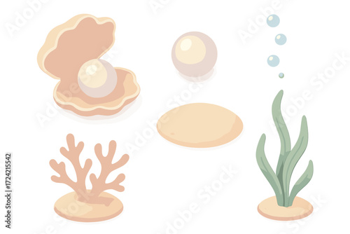 Glowing Pearl Treasure. Isometric vector illustration set Clam shell treasure: open clam, glowing pearl, sandy seabed, bubble