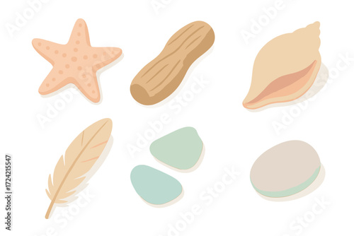 Beachcombing Treasures. Isometric vector illustration set Beachcombing finds: starfish, driftwood, conch shell, sea glass, feather