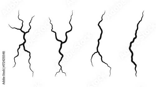 Four distinct vertical crack silhouettes with branching patterns representing damage or fissures on a white background silhouette