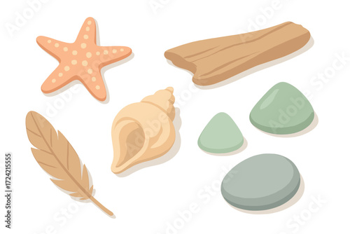 Beachcombing Treasures. Isometric vector illustration set Beachcombing finds: starfish, driftwood, conch shell, sea glass, feather