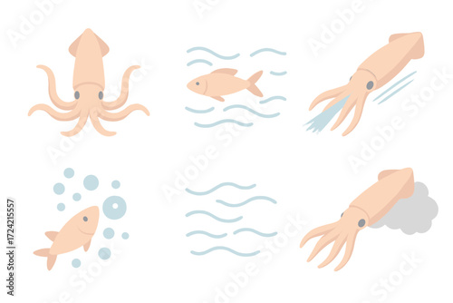 Squid Hunting Icons. Isometric vector illustration set Squid hunting: squid tentacles spread, small fish prey, jet propulsion dash