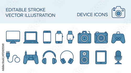 Collection of modern electronic device icons including computer monitor tablet smartphone smartwatch camera and game controller silhouette
