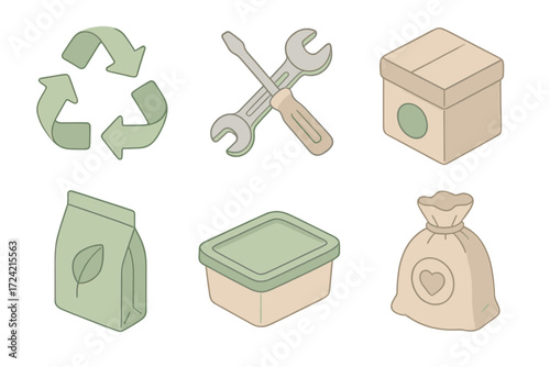 Circular Economy Icons. Isometric vector illustration set Circular economy: recycle loop, repair tools, refurbished box, eco