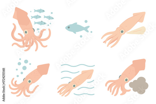 Squid Hunting Icons. Isometric vector illustration set Squid hunting: squid tentacles spread, small fish prey, jet propulsion dash