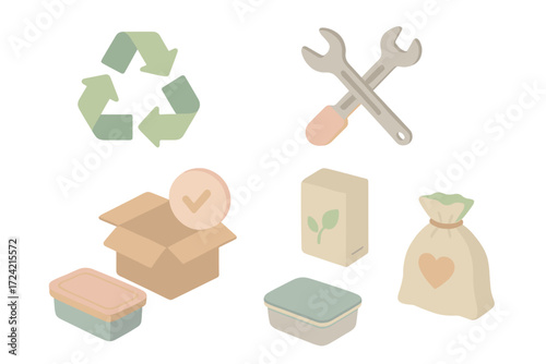Circular Economy Icons. Isometric vector illustration set Circular economy: recycle loop, repair tools, refurbished box, eco