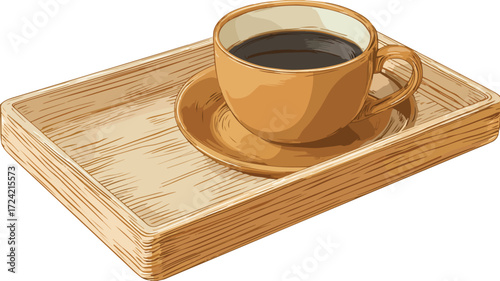 Elegant Wooden Tray with Coffee Cup Vector Illustration for Cafe Menu Design