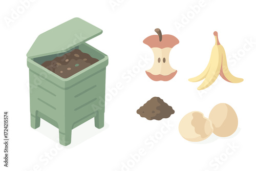 Home Composting Icons. Isometric vector illustration set Home composting: green compost bin, food scraps, banana peel, apple core,