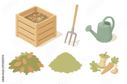 Outdoor Compost Station. Isometric vector illustration set Outdoor compost station: wooden compost bin, pitchfork, leaf pile,