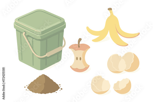 Home Composting Icons. Isometric vector illustration set Home composting: green compost bin, food scraps, banana peel, apple core,
