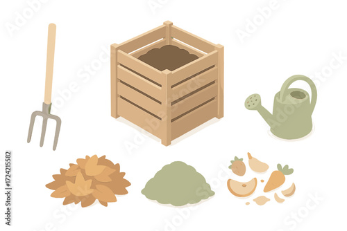 Outdoor Compost Station. Isometric vector illustration set Outdoor compost station: wooden compost bin, pitchfork, leaf pile,