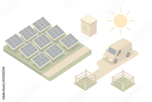 Isometric Solar Farm. Isometric vector illustration set Solar farm: field of solar panels, service road, transformer box, fence,