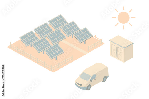 Isometric Solar Farm. Isometric vector illustration set Solar farm: field of solar panels, service road, transformer box, fence,