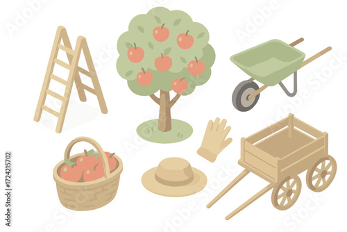 Pastel Farm Orchard Icons. Isometric vector illustration set Farm orchard day: apple pick ladder, basket apples, wheelbarrow,