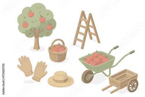 Pastel Farm Orchard Icons. Isometric vector illustration set Farm orchard day: apple pick ladder, basket apples, wheelbarrow,