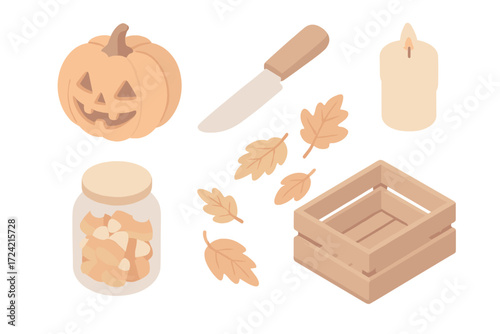 Autumn Spooky Craft Icons. Isometric vector illustration set Autumn spooky craft: pumpkin carve lantern Halloween, carving knife,