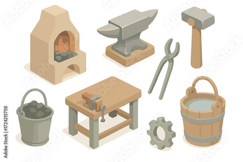 Isometric Blacksmith Tools. Isometric vector illustration set Old workshop tools: blacksmith forge hammer anvil, metal tongs,