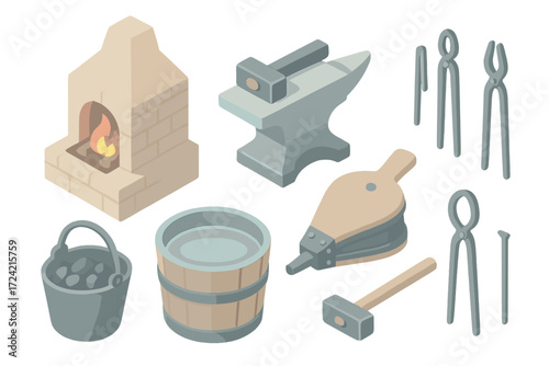 Blacksmith Essentials Icons. Isometric vector illustration set Blacksmith essentials: forge furnace, hammer and anvil, bellows,