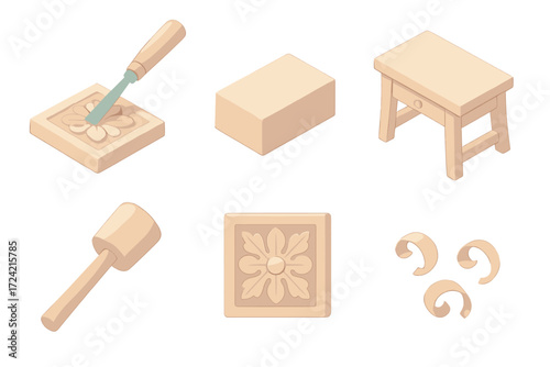 Woodworking Tools and Artistry. Isometric vector illustration set Handcrafted wooden art: carving chisel detail figure, wooden