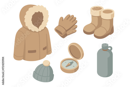 Northern Survival Gear. Isometric vector illustration set Northern survival kit: fur parka hood warm, boots, gloves, wool hat,