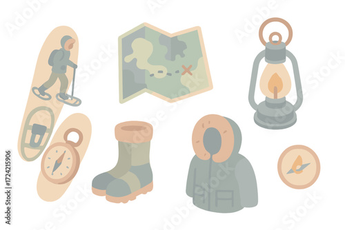 Polar Exploration Kit. Isometric vector illustration set Polar exploration kit: snowshoe walk distribute weight, map, compass,