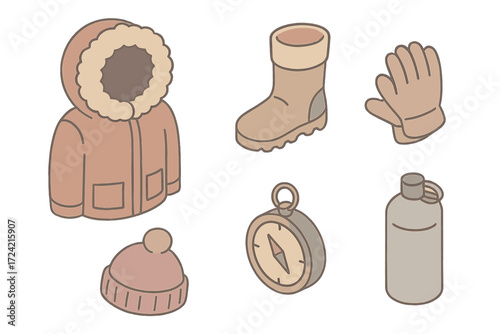Northern Survival Gear. Isometric vector illustration set Northern survival kit: fur parka hood warm, boots, gloves, wool hat,