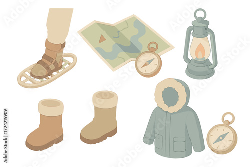 Polar Exploration Kit. Isometric vector illustration set Polar exploration kit: snowshoe walk distribute weight, map, compass,