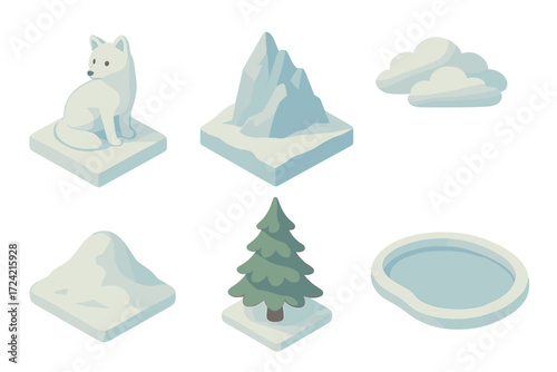 Arctic Wilderness Icons. Isometric vector illustration set Arctic wilderness life: arctic fox camouflage white, icy ridge, snow