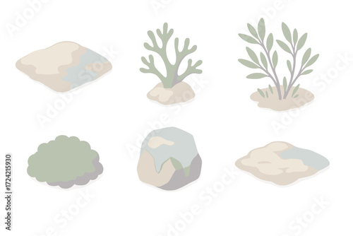 Frozen Tundra Flora. Isometric vector illustration set Cold region flora: frozen tundra permafrost plant, lichens, dwarf willow,